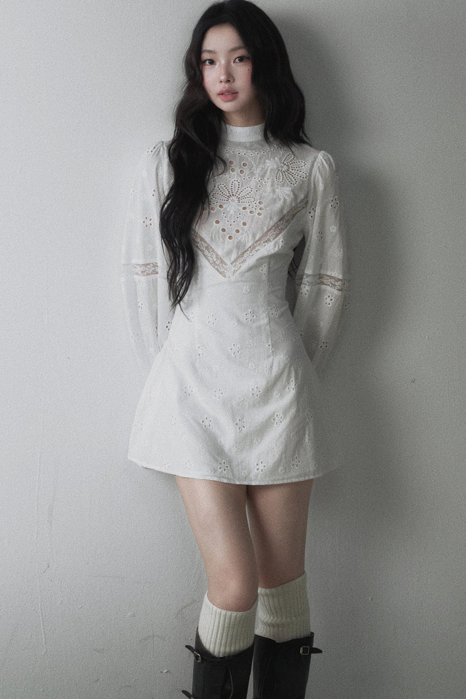 Hollow Embroidery Patchwork Long-Sleeve A-Line Dress