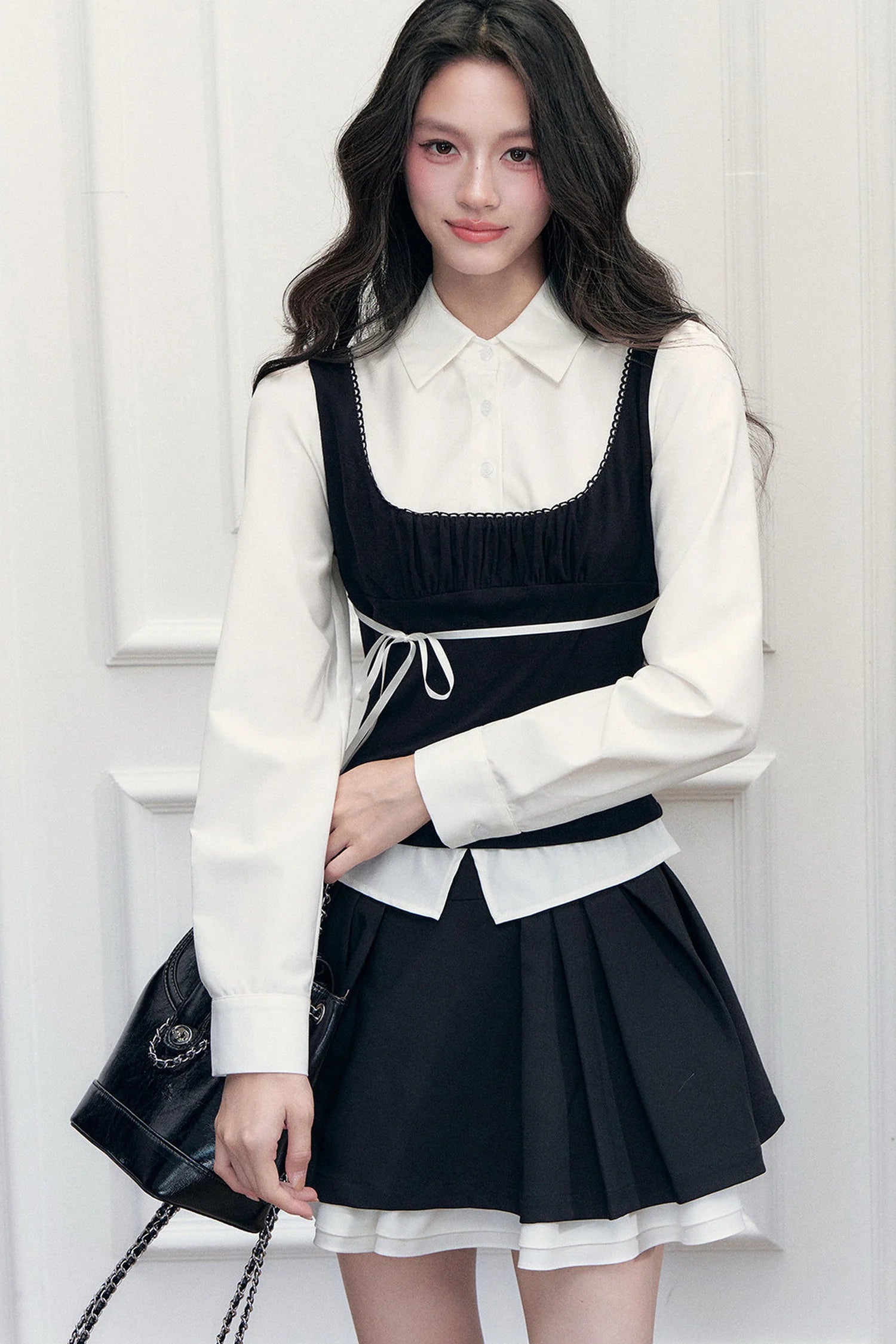 Retro Bow Layered-Look Top and Black Short Skirt Set-Up
