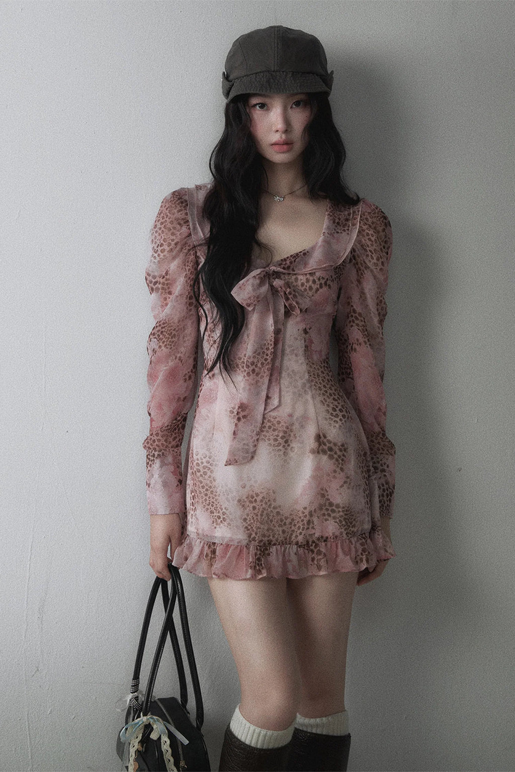 Pink Leopard Print Bow Tie U-Neck Dress