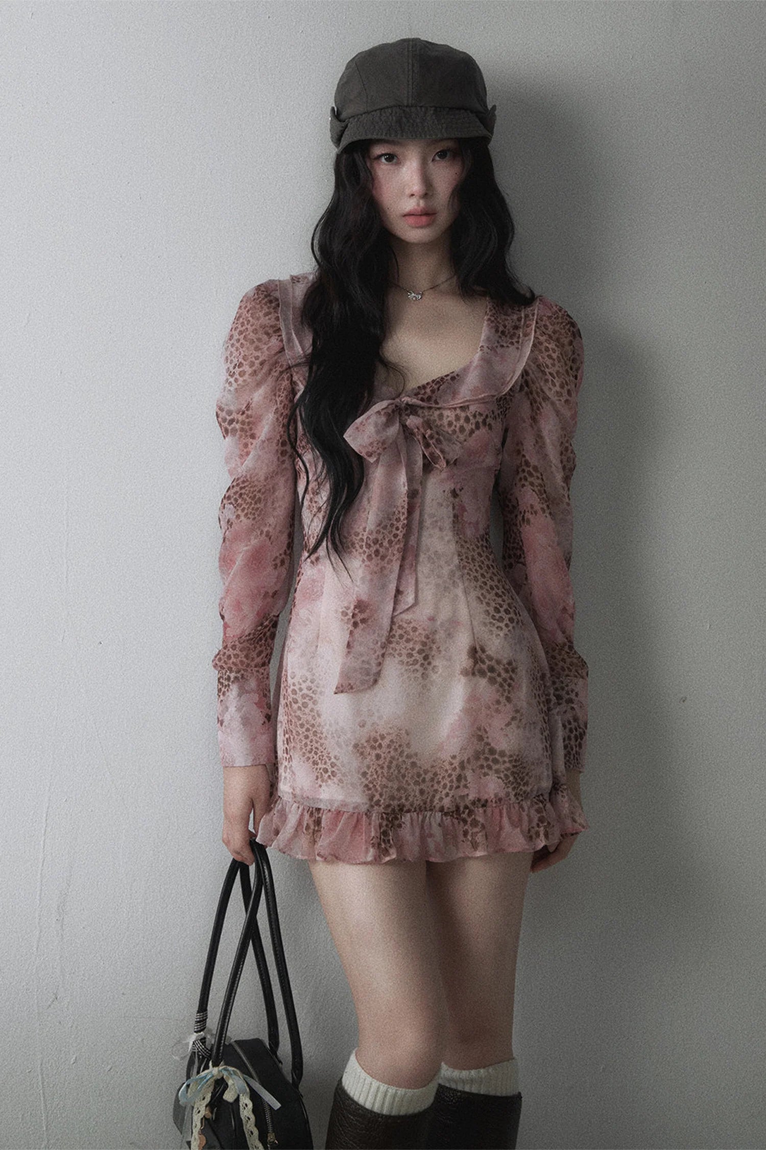 Pink Leopard Print Bow Tie U-Neck Dress