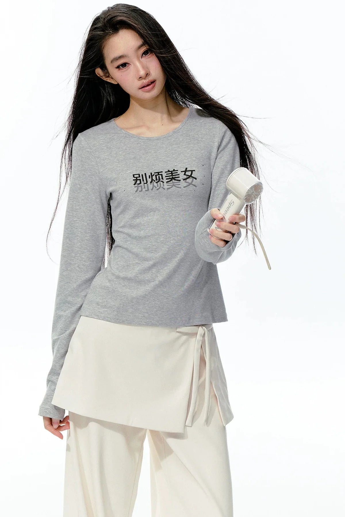 Rhinestone Print Knit Long-Sleeve T-Shirt
