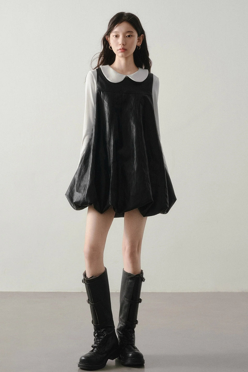 Black Leather-Like Peter Pan Dress