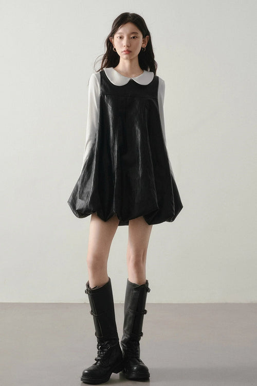 Black Leather-Like Peter Pan Dress
