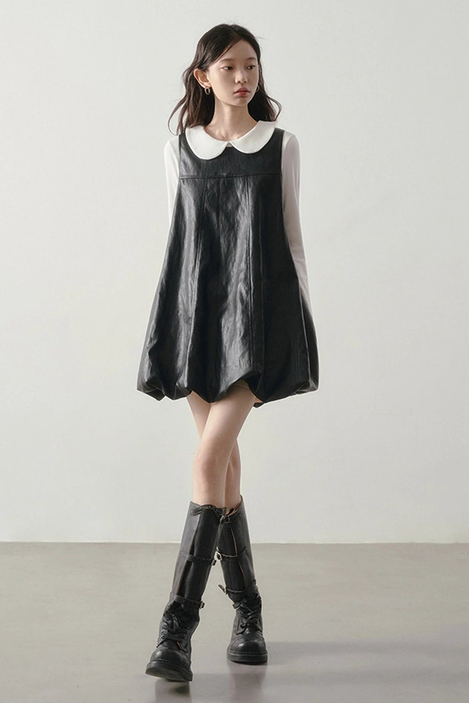 Black Leather-Like Peter Pan Dress
