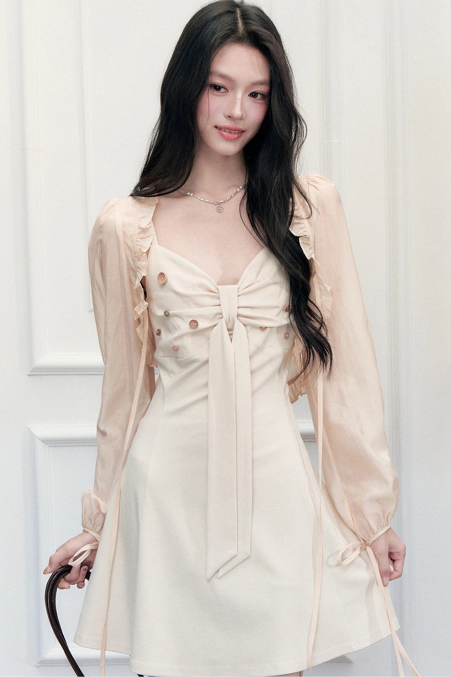 Ruffled Cardigan and V-Neck Dress Set-Up