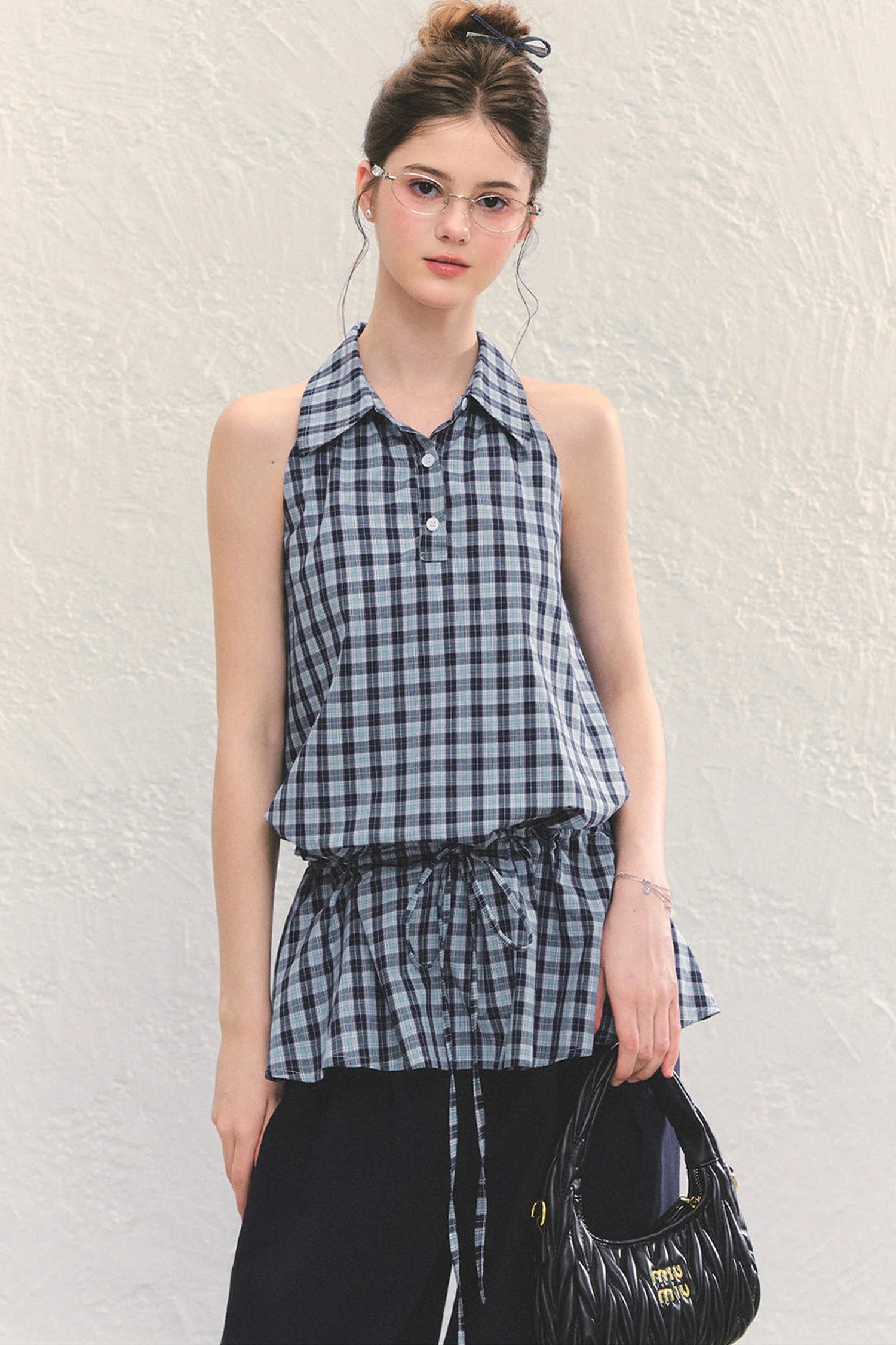Plaid Sleeveless Halter Drawstring Top Set-Up