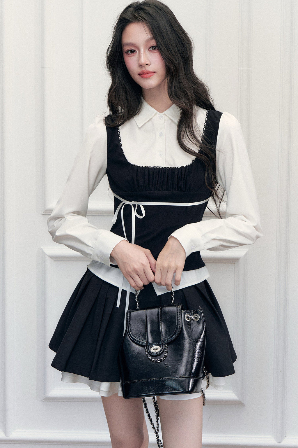 Retro Bow Layered-Look Top and Black Short Skirt Set-Up
