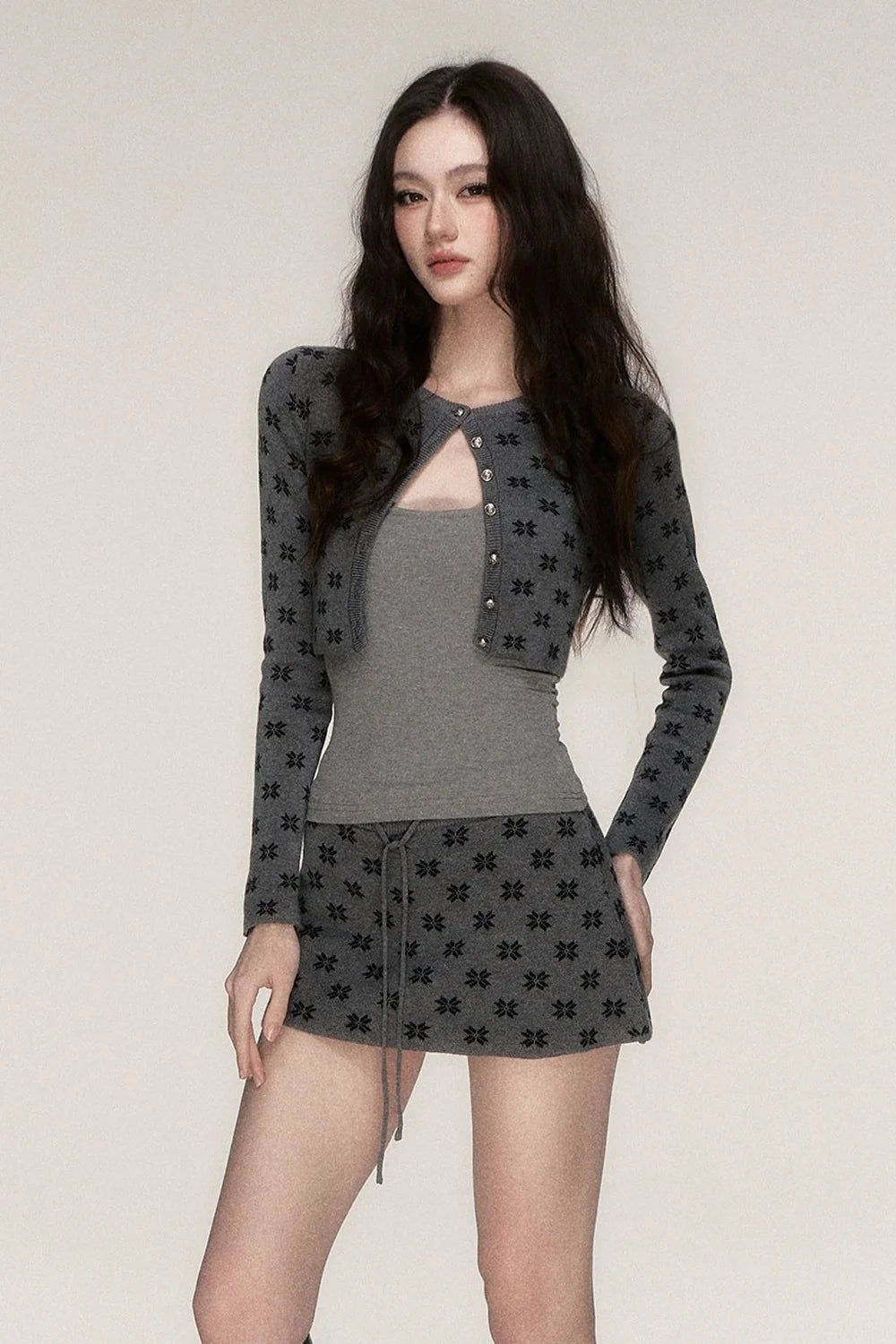 Grey Knit Cardigan and Skirt Set-Up
