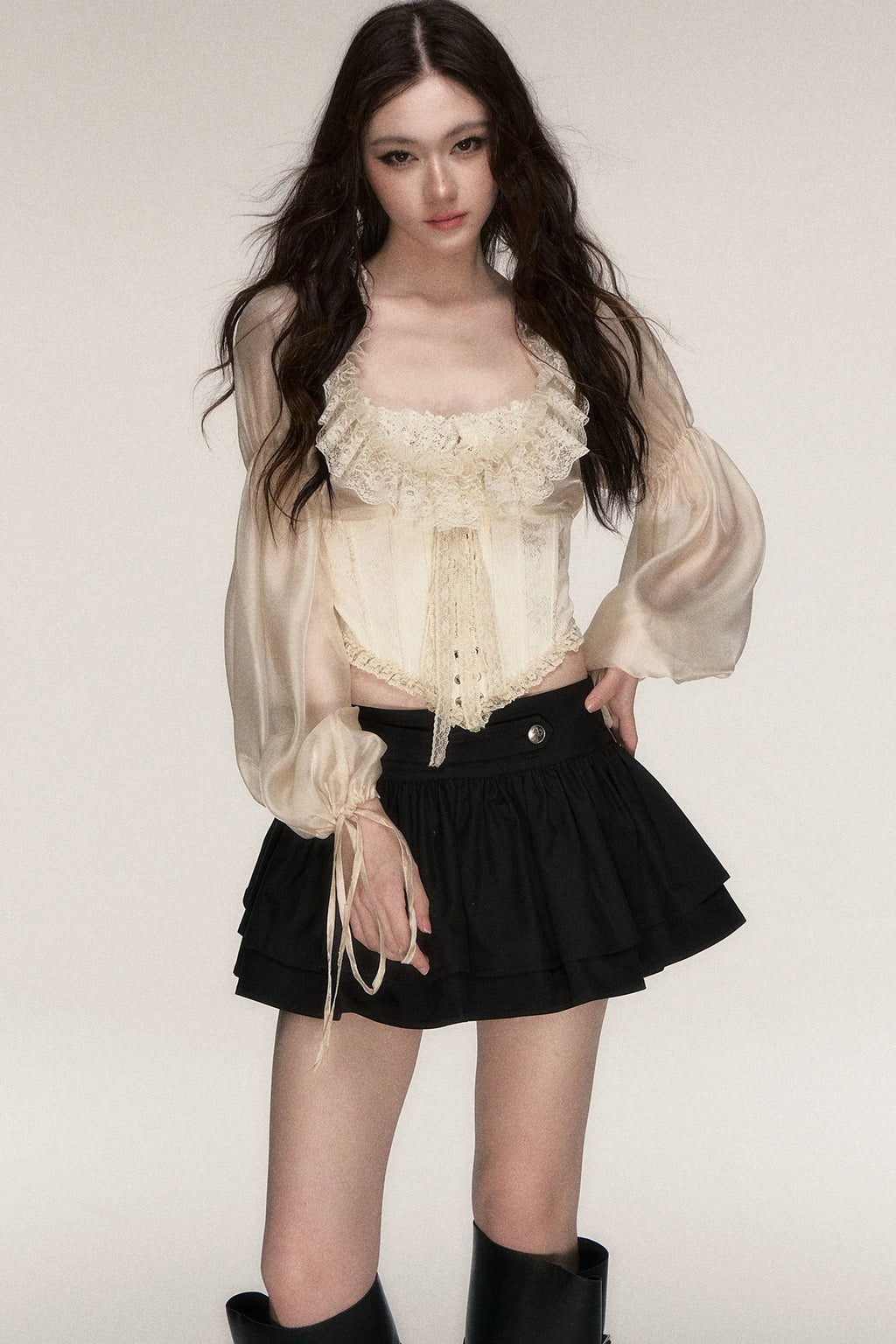 Beige Lace Jacquard Corset Lace-Up Top