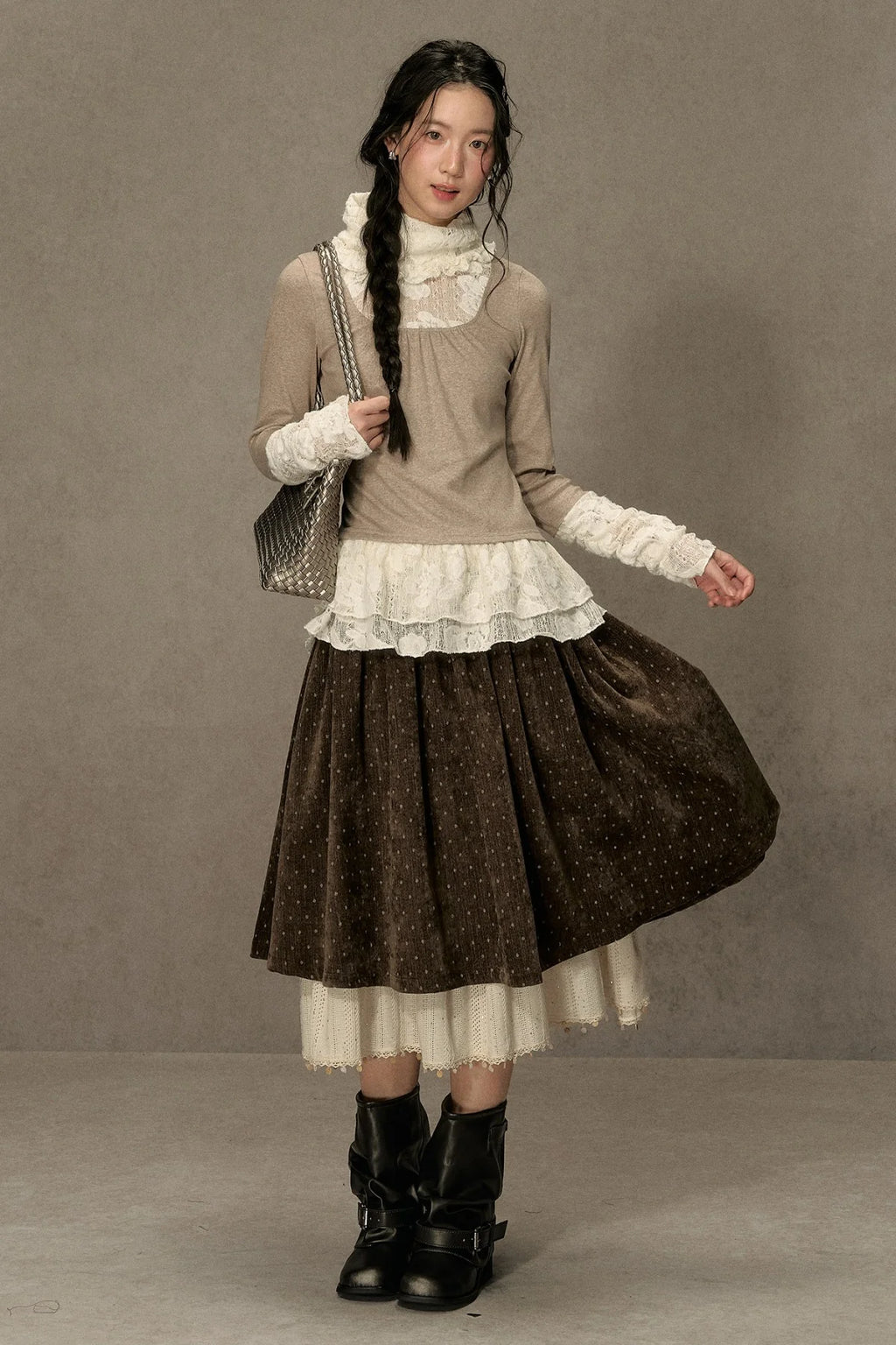 High-Neck Lace Edging Base Layer Top