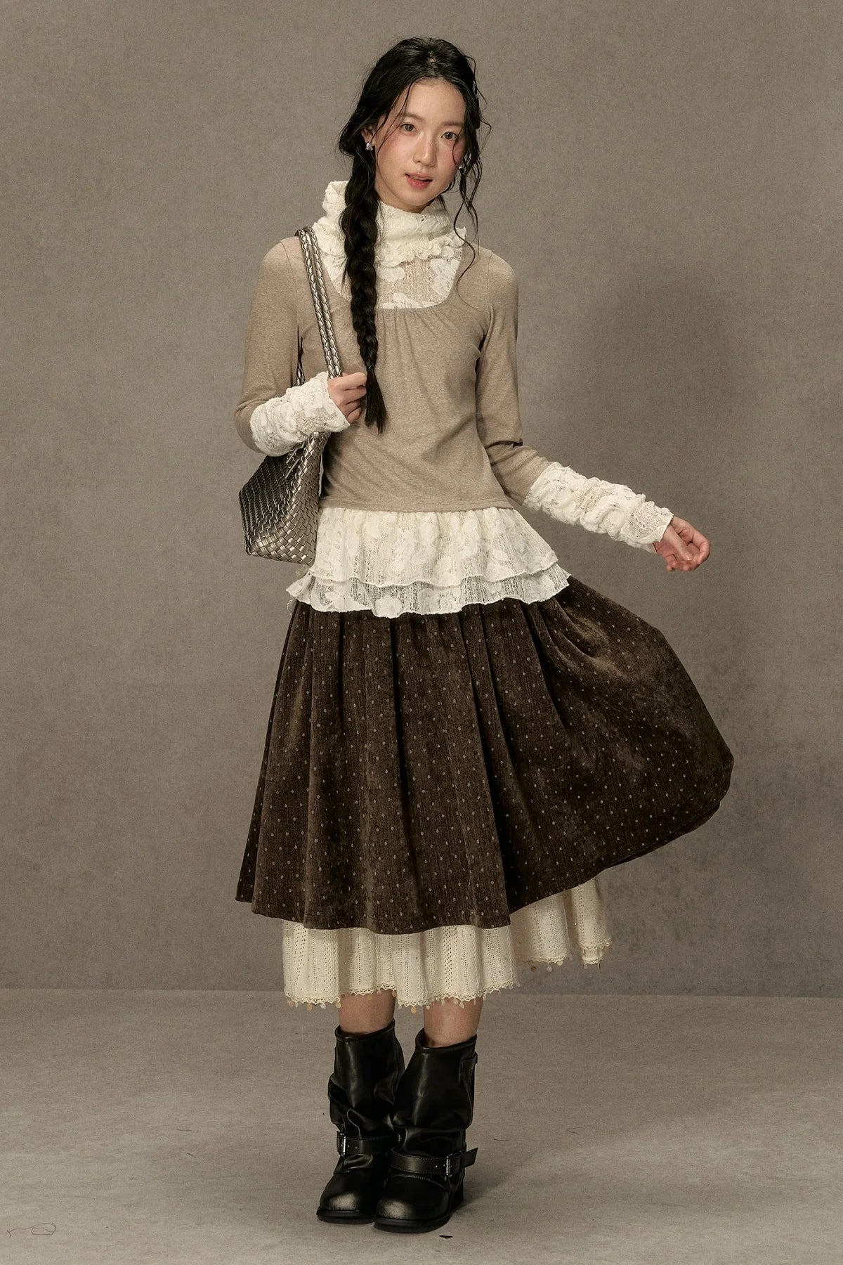 High-Neck Lace Edging Base Layer Top