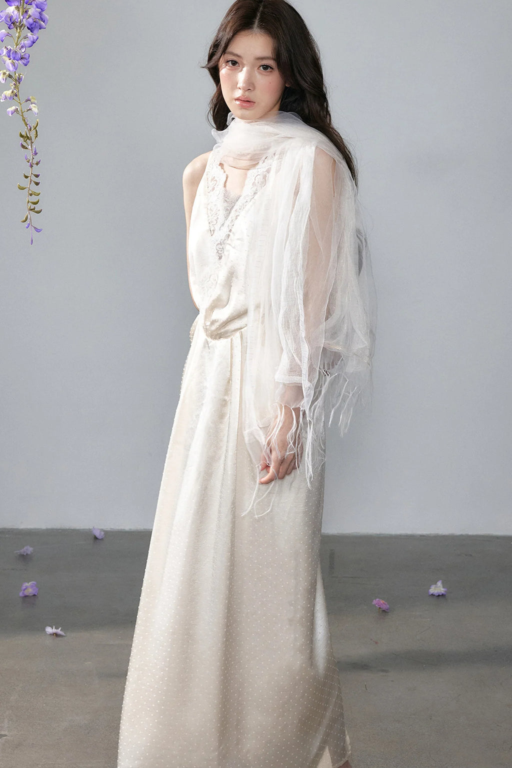 Satin Polka Dot Lace Long Dress