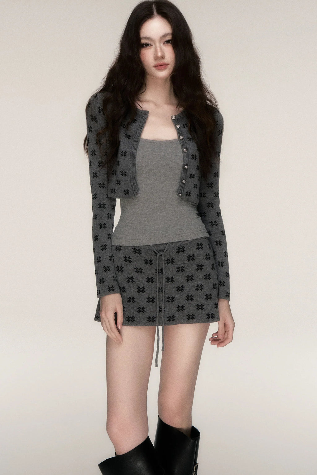 Grey Knit Cardigan and Skirt Set-Up