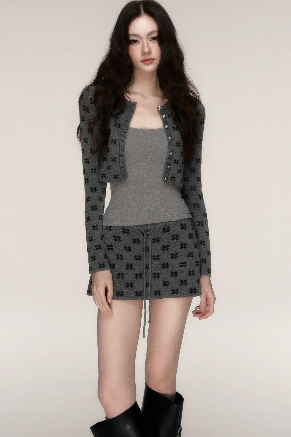 Grey Knit Cardigan and Skirt Set-Up
