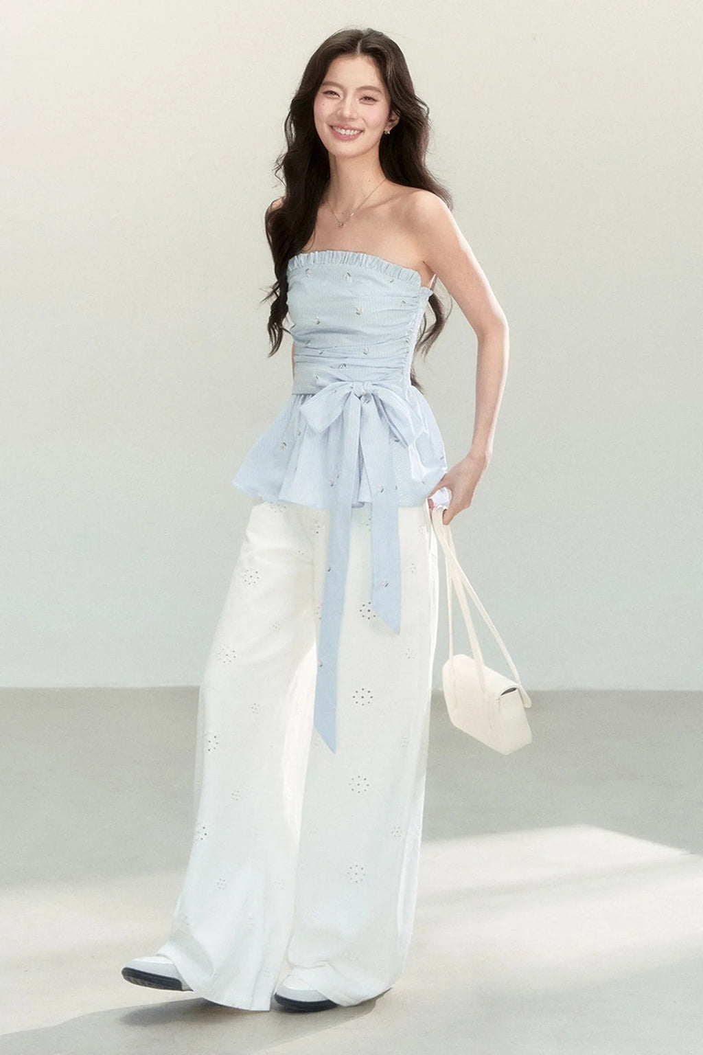 Sweet and Cute Striped Off-Shoulder Tube Top and Pants Set-Up
