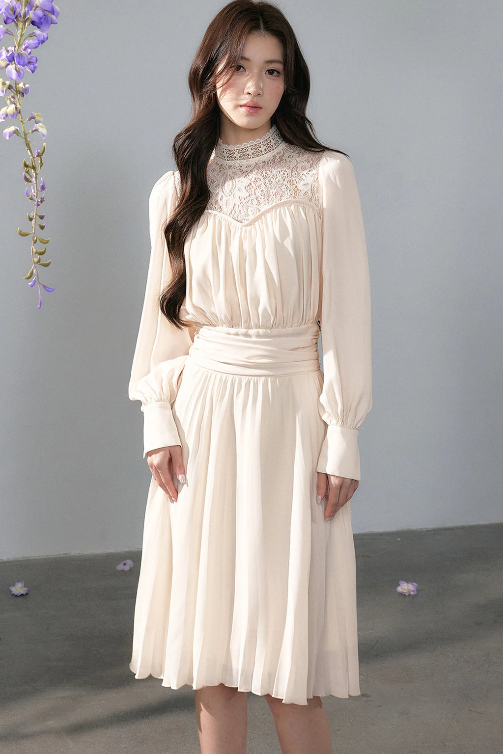 Pleated Lace Mid-Length Dress