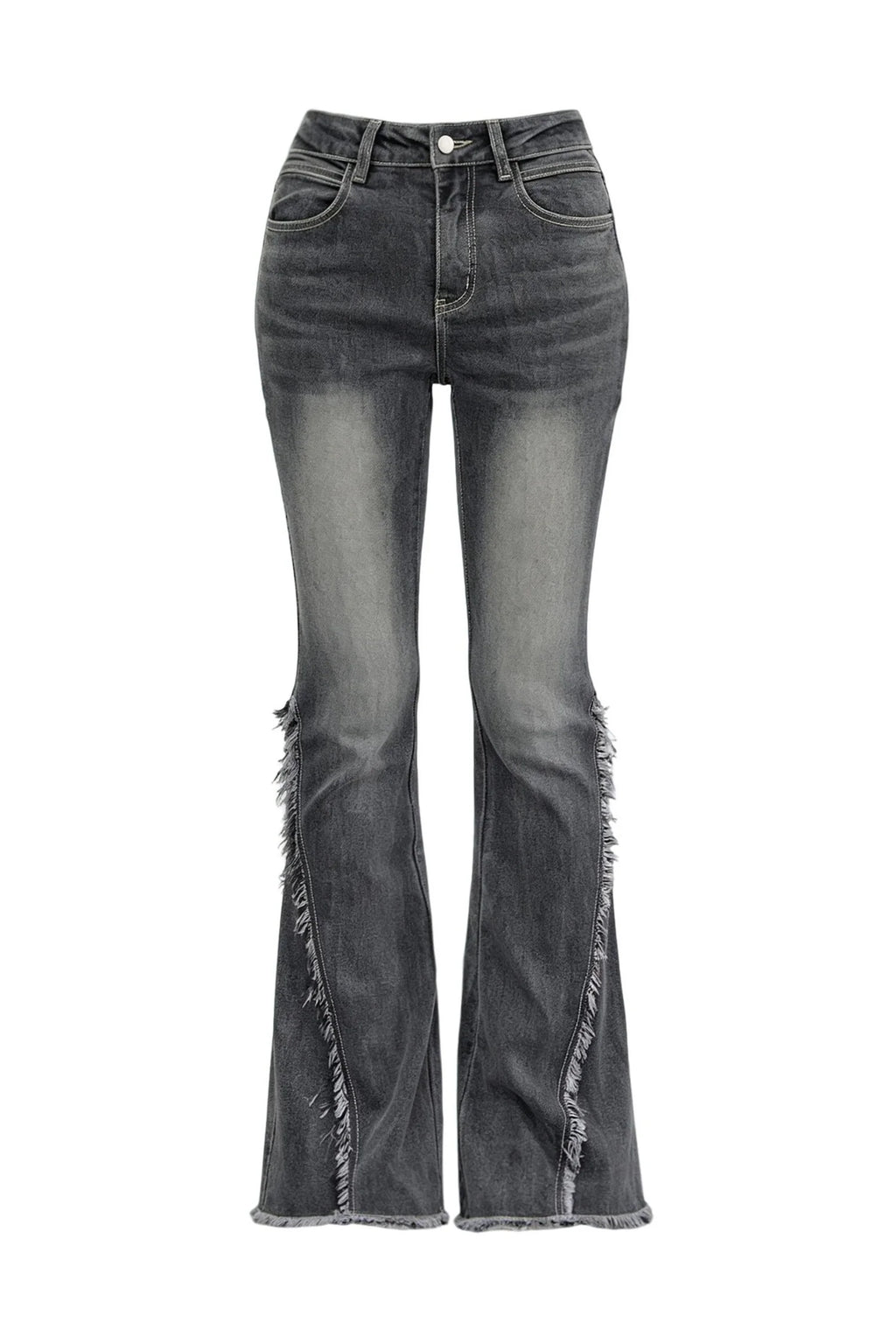 High-Waisted Washed Fringed Flared Jeans
