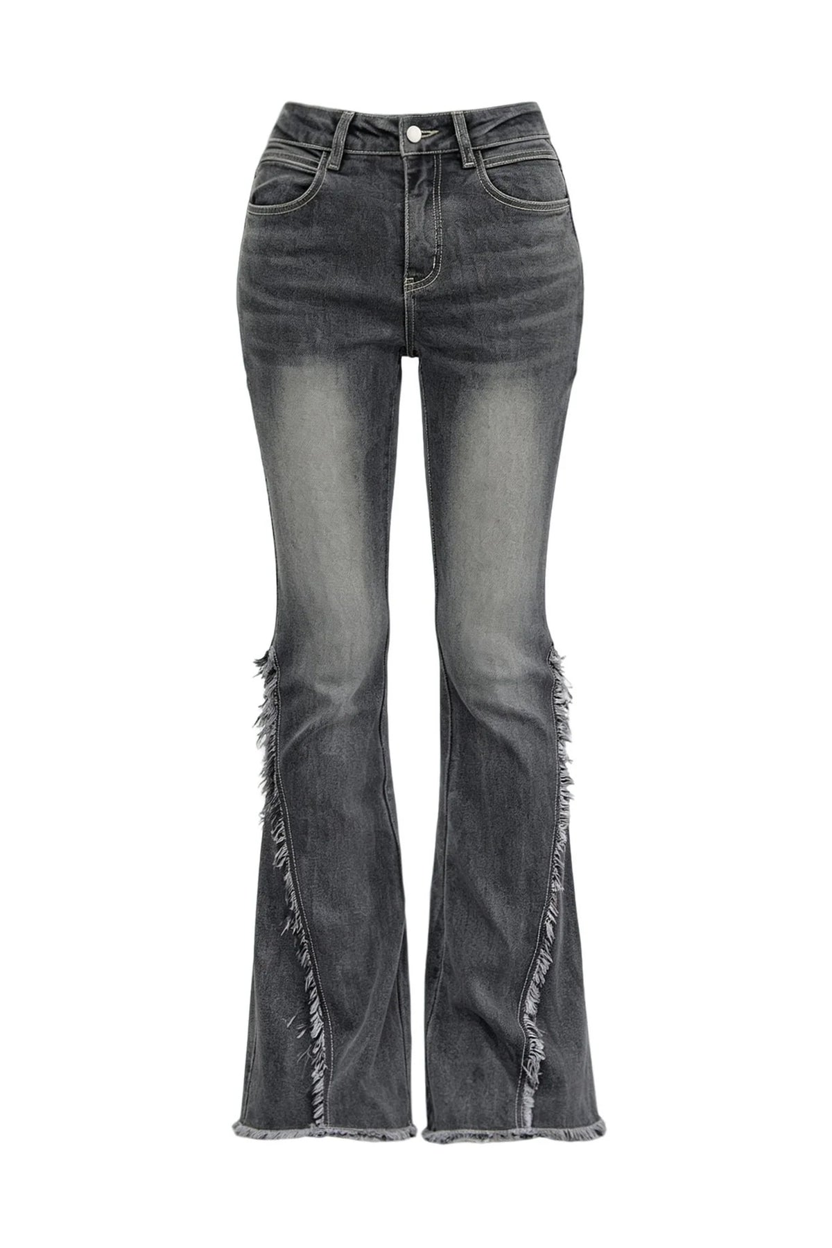 High-Waisted Washed Fringed Flared Jeans