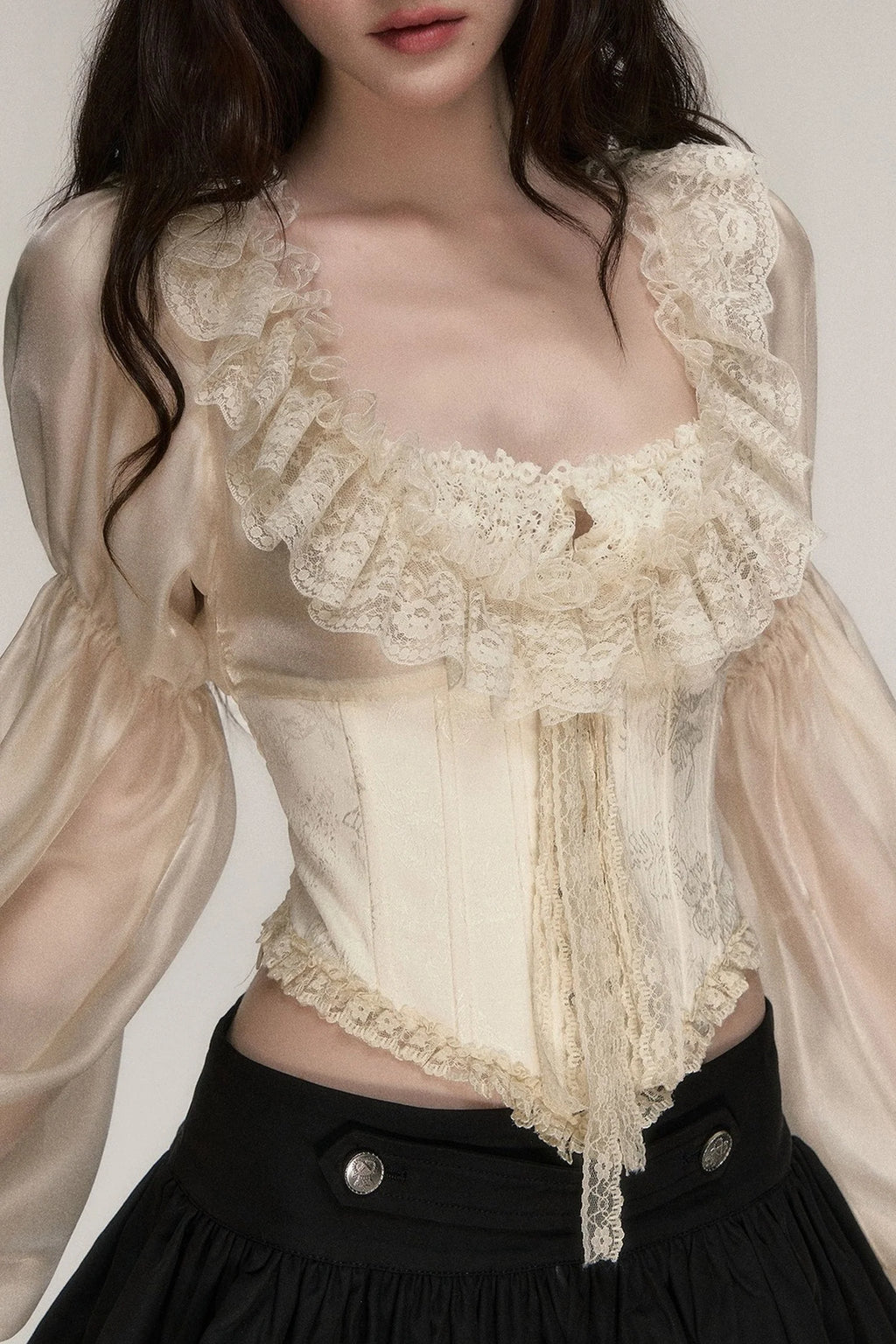 Beige Lace Jacquard Corset Lace-Up Top
