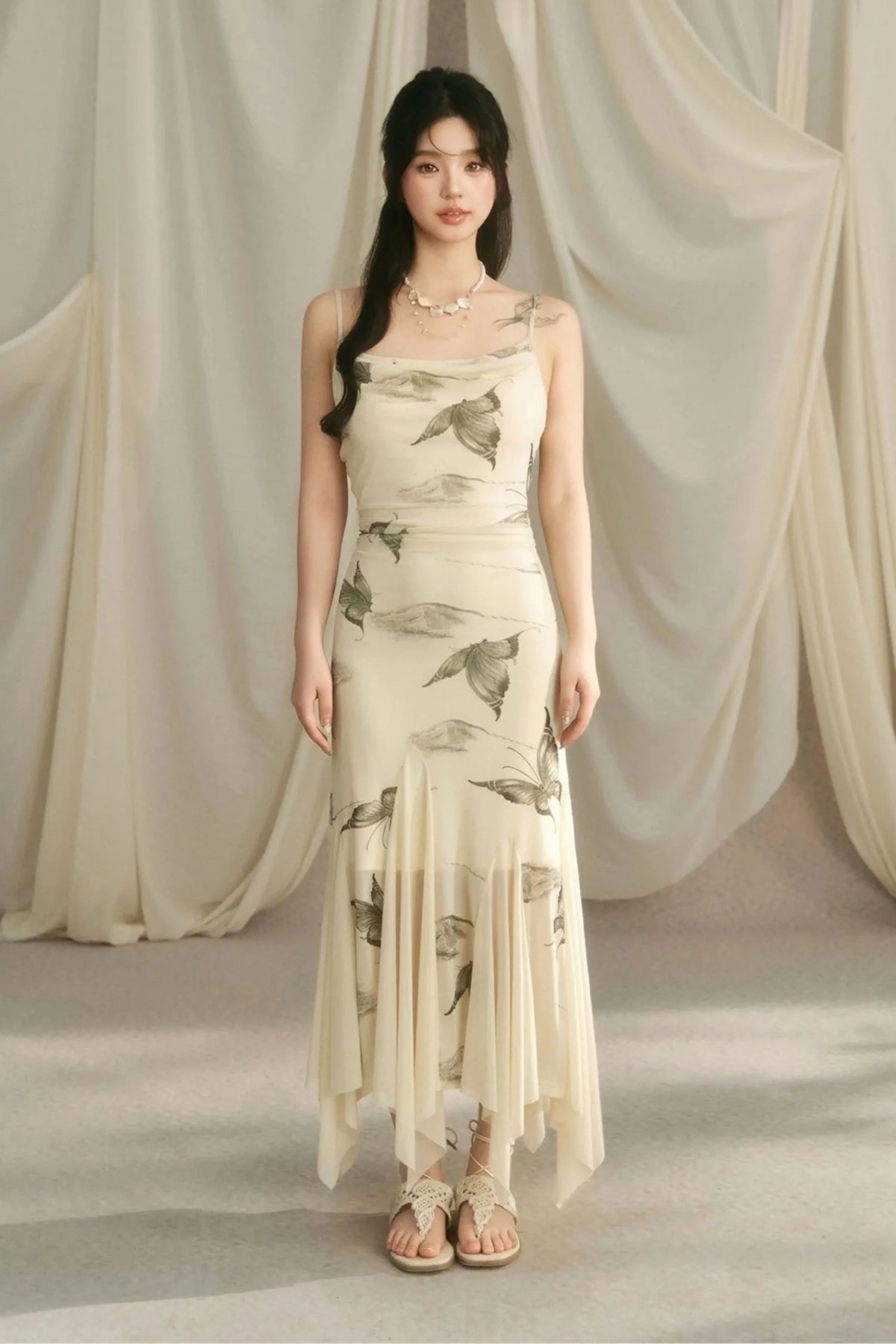 Pleated Waist Butterfly Print Strap Dress