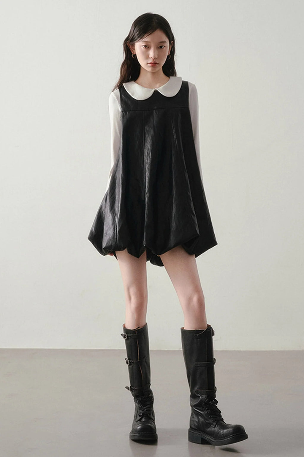 Black Leather-Like Peter Pan Dress