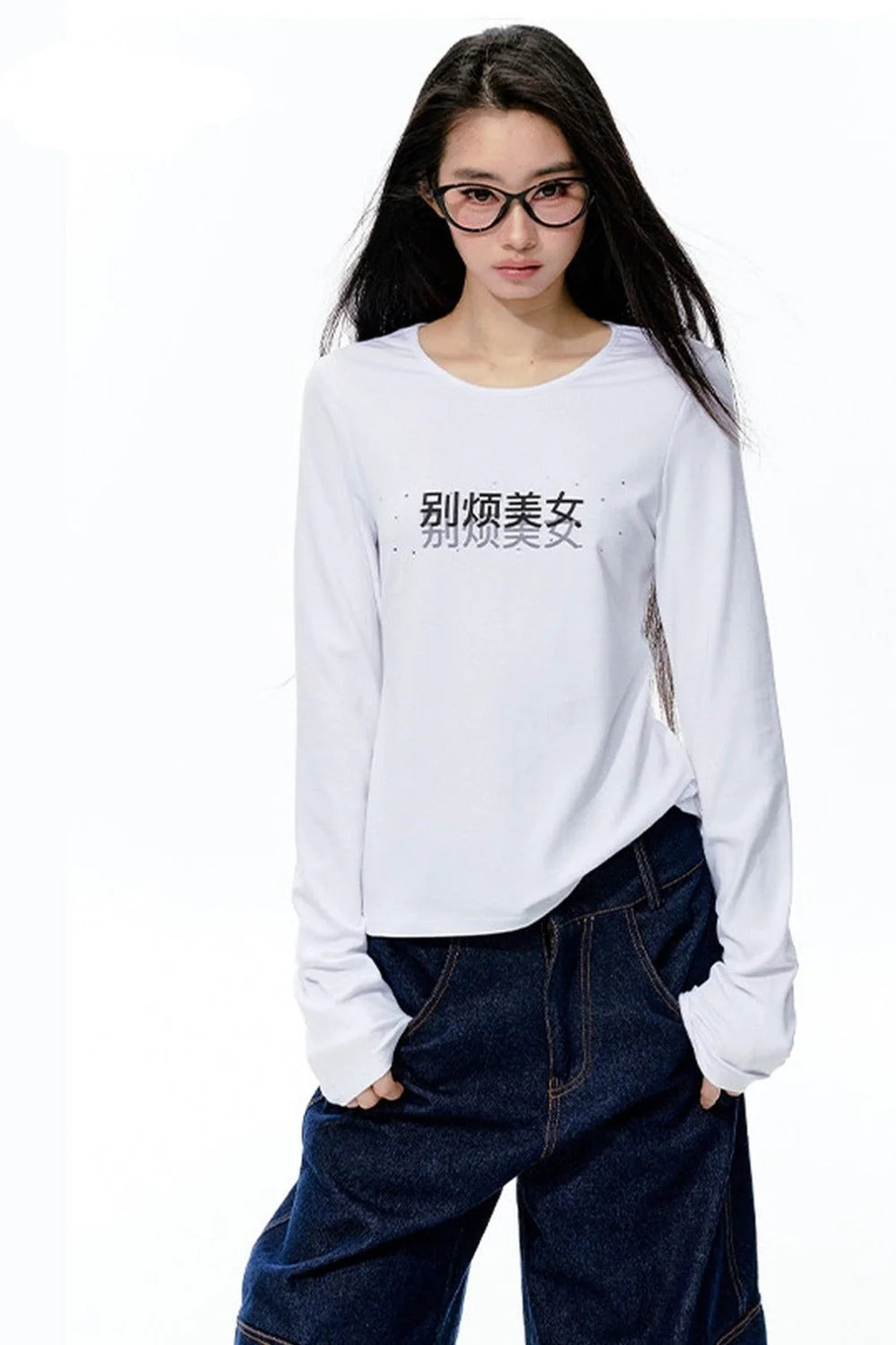 Rhinestone Print Knit Long-Sleeve T-Shirt