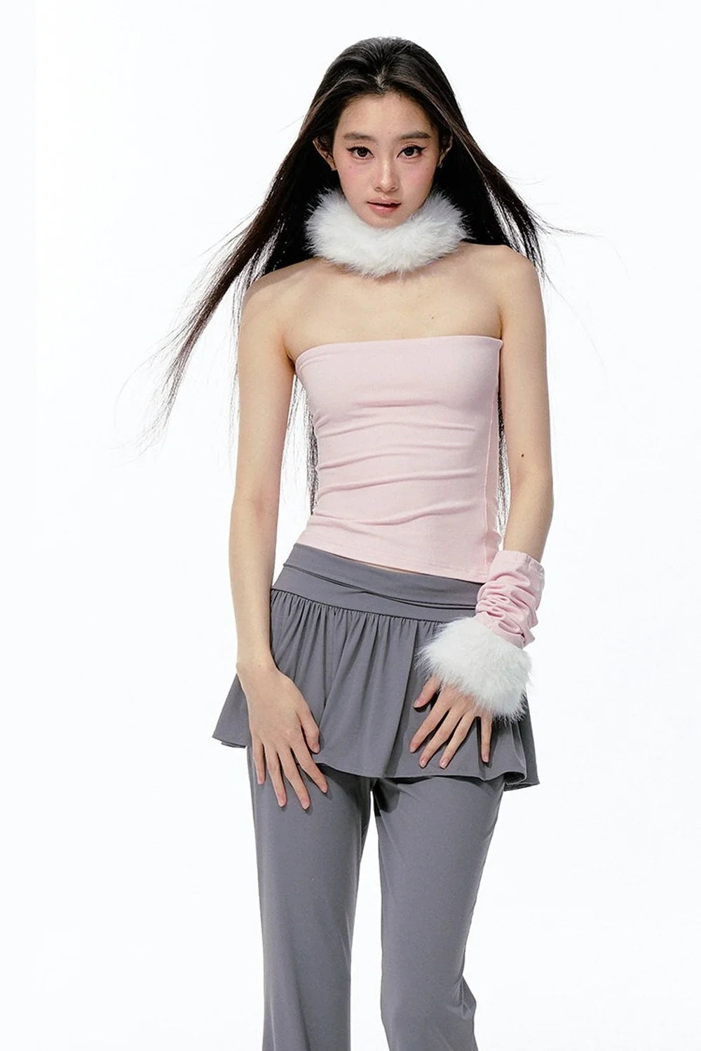 Detachable Fur Collar Knit Tube Top