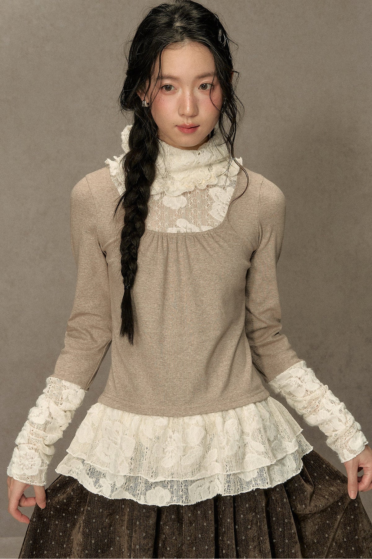 High-Neck Lace Edging Base Layer Top