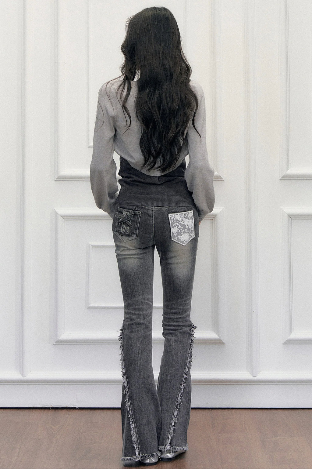 High-Waisted Washed Fringed Flared Jeans