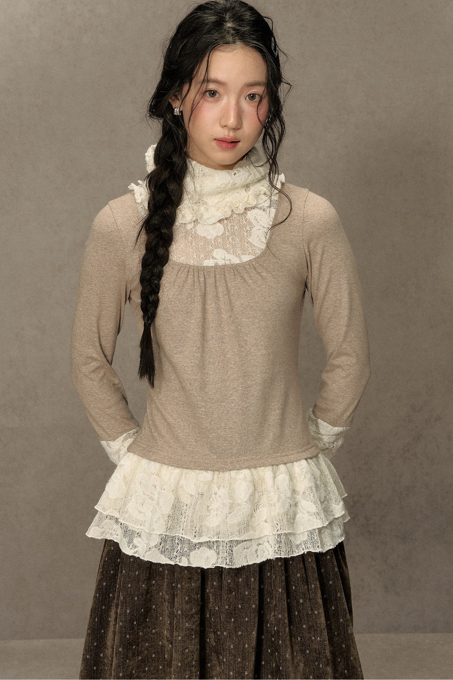 High-Neck Lace Edging Base Layer Top