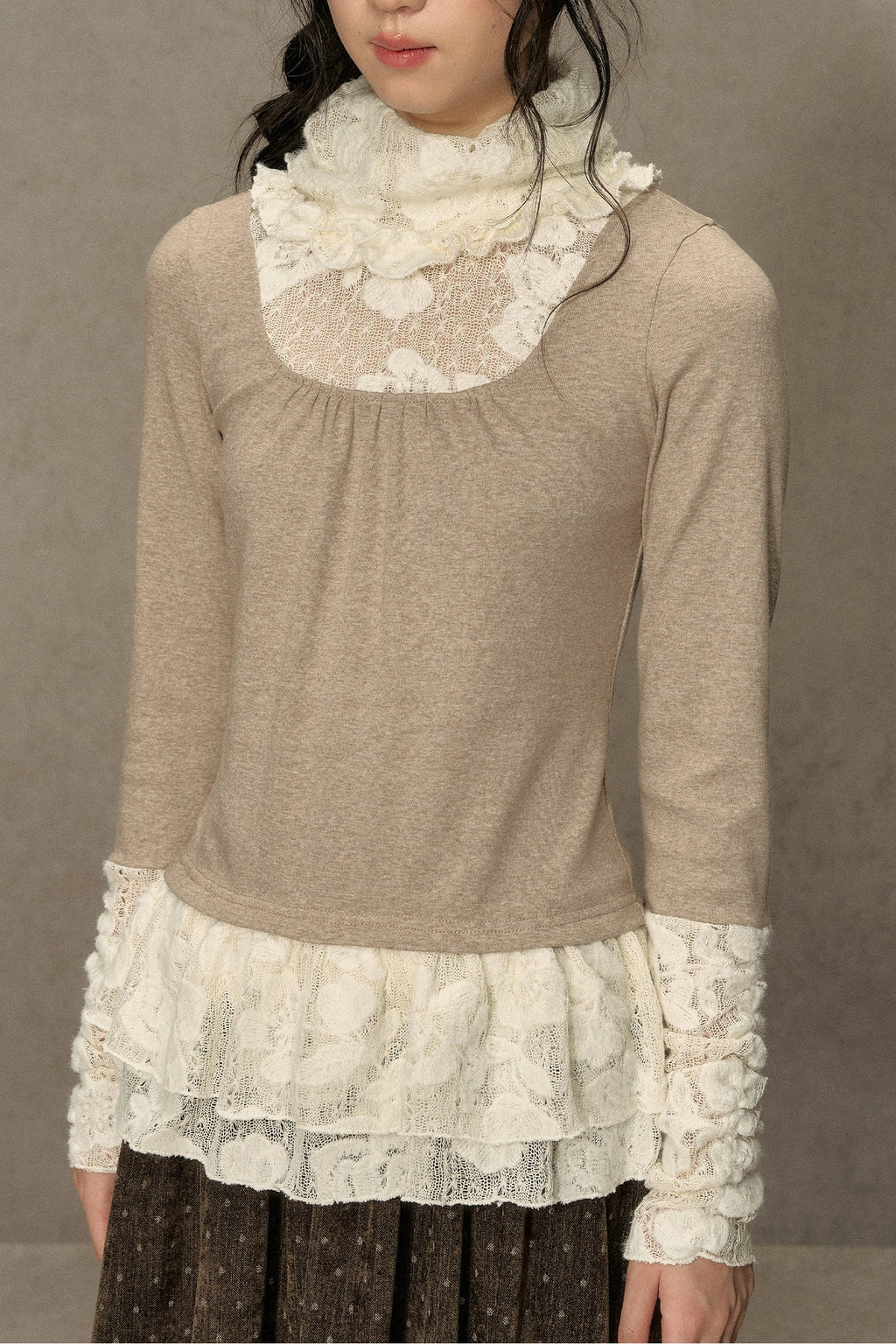 High-Neck Lace Edging Base Layer Top