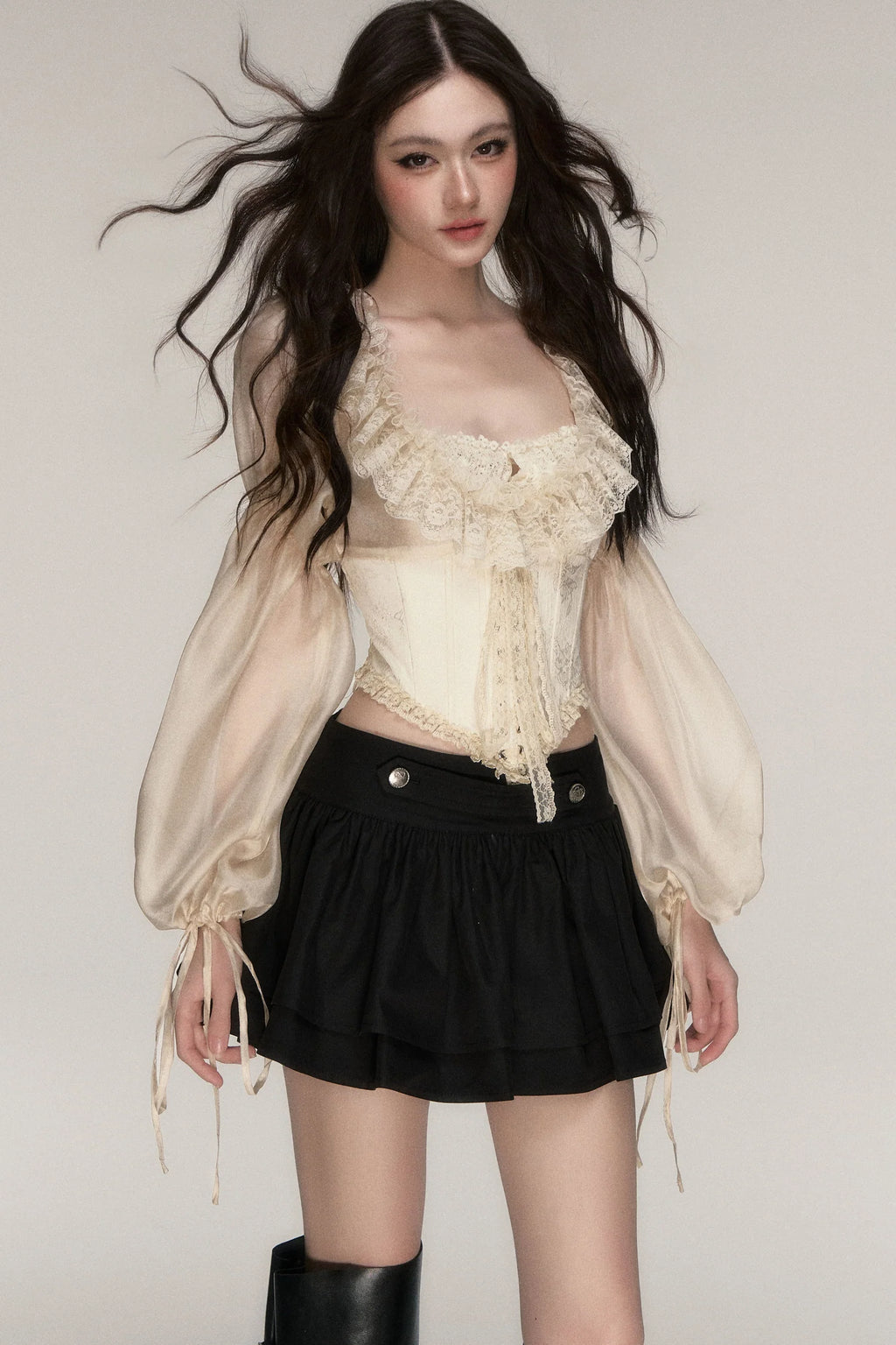 Beige Lace Jacquard Corset Lace-Up Top