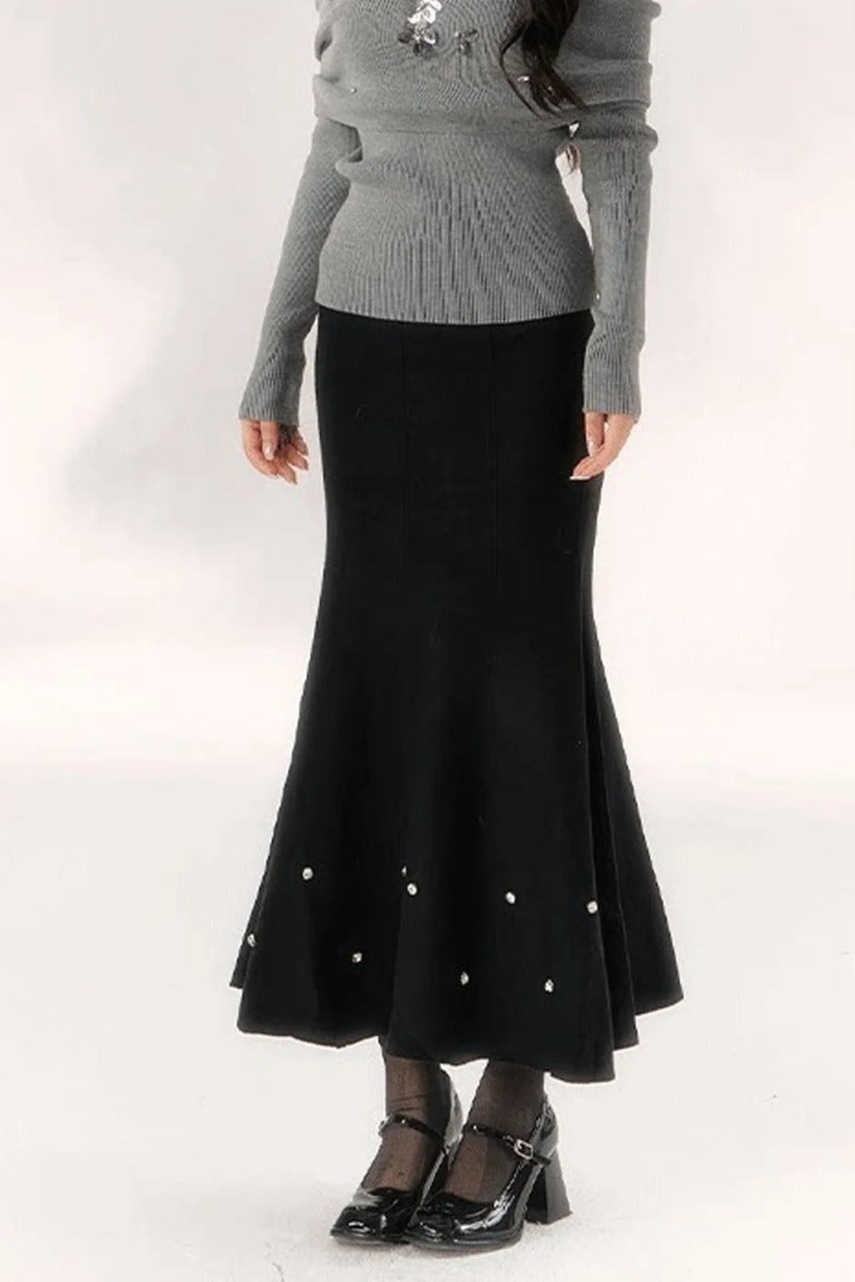 Diamond-Studded Knit Fishtail Skirt