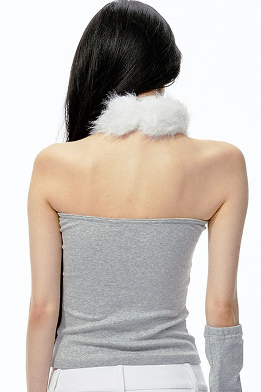 Detachable Fur Collar Knit Tube Top