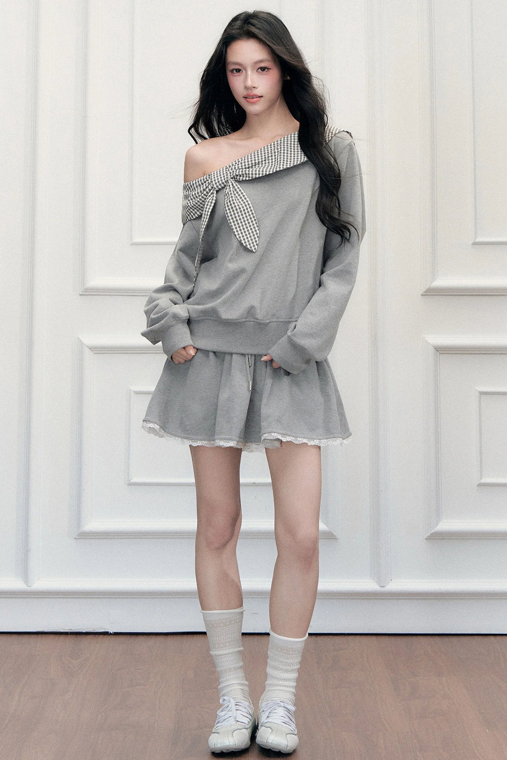 Plaid Patchwork Off-Shoulder Sweatshirt and Skirt Set-Up