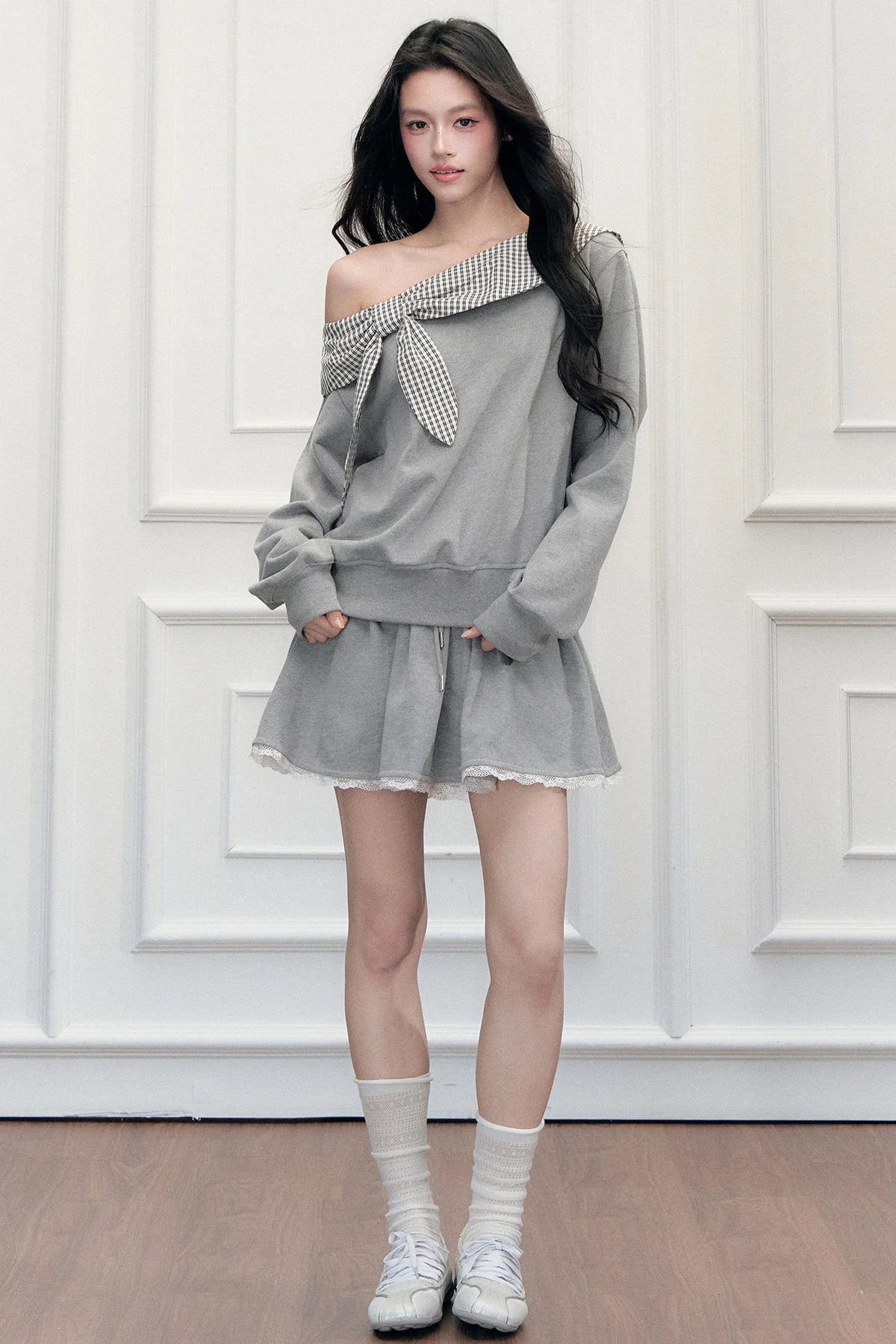Plaid Patchwork Off-Shoulder Sweatshirt and Skirt Set-Up