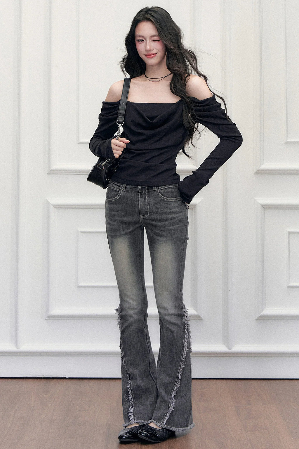 High-Waisted Washed Fringed Flared Jeans
