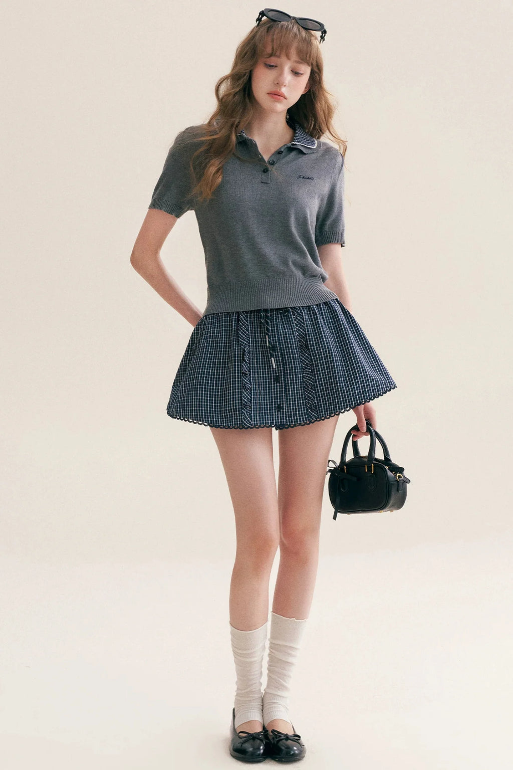 Wool Blend Plaid Polo Skirt Set-Up
