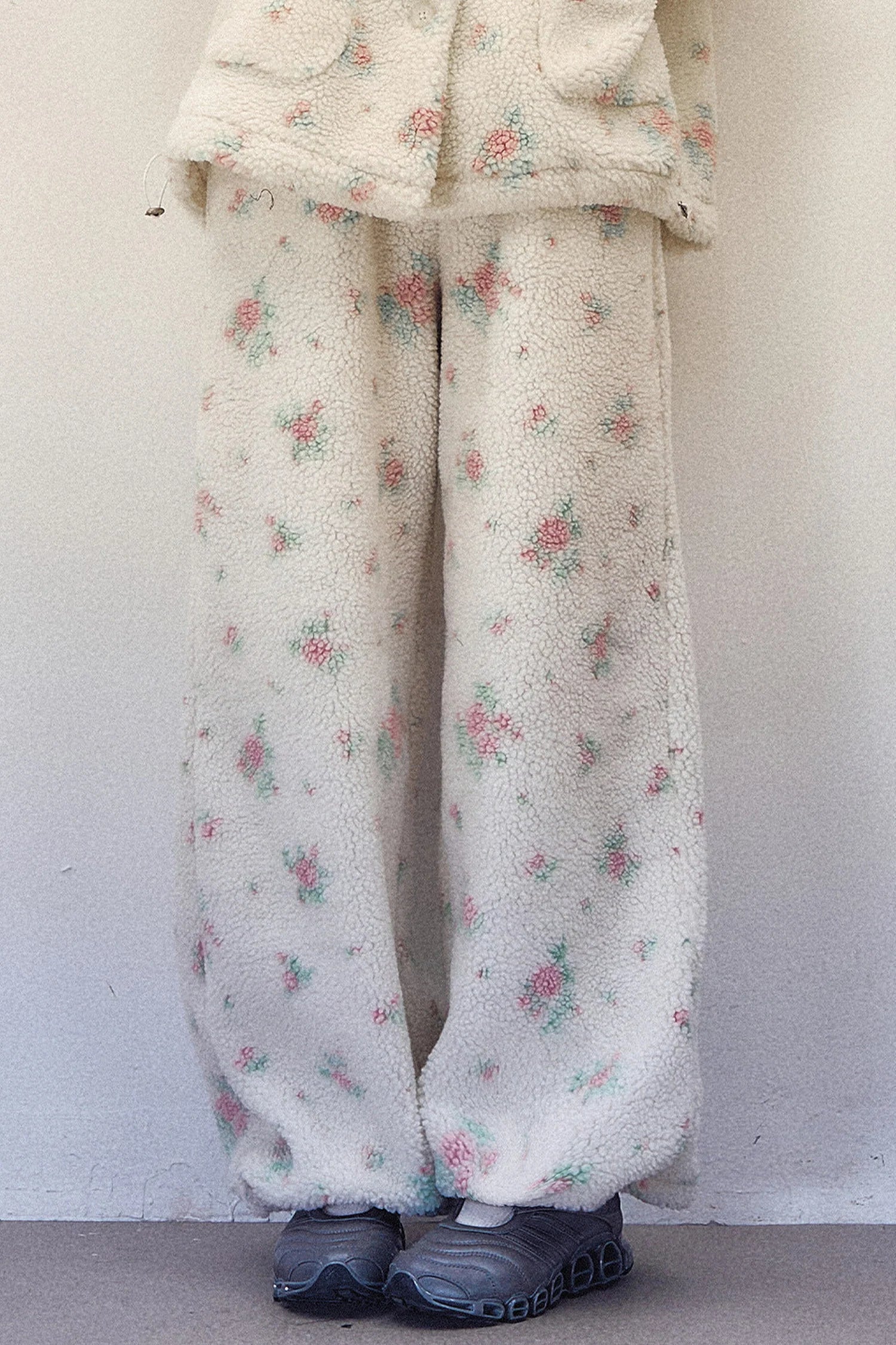 Floral Lamb Wool Jacket and Elastic Waist Wide-Leg Pants Set-Up