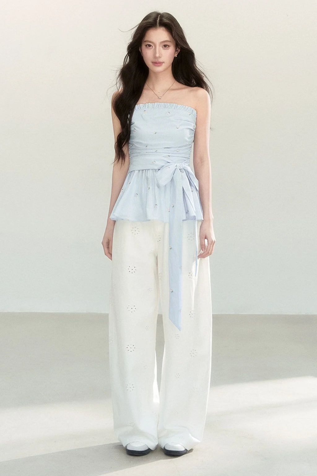 Sweet and Cute Striped Off-Shoulder Tube Top and Pants Set-Up