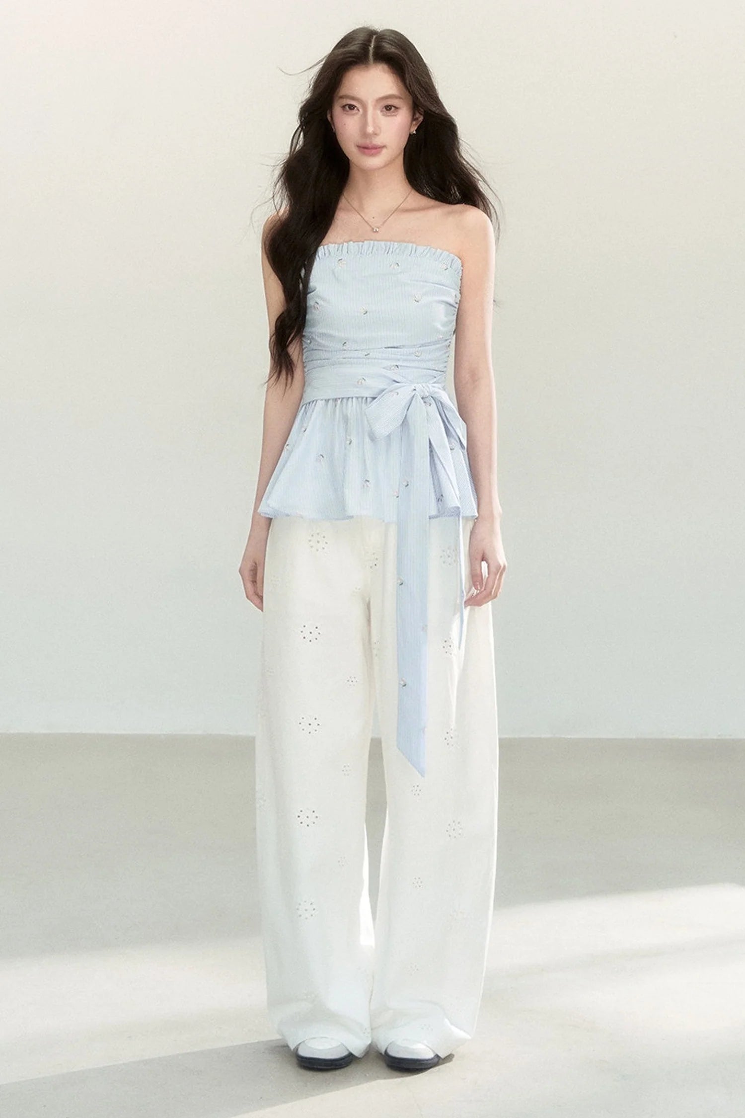 Sweet and Cute Striped Off-Shoulder Tube Top and Pants Set-Up