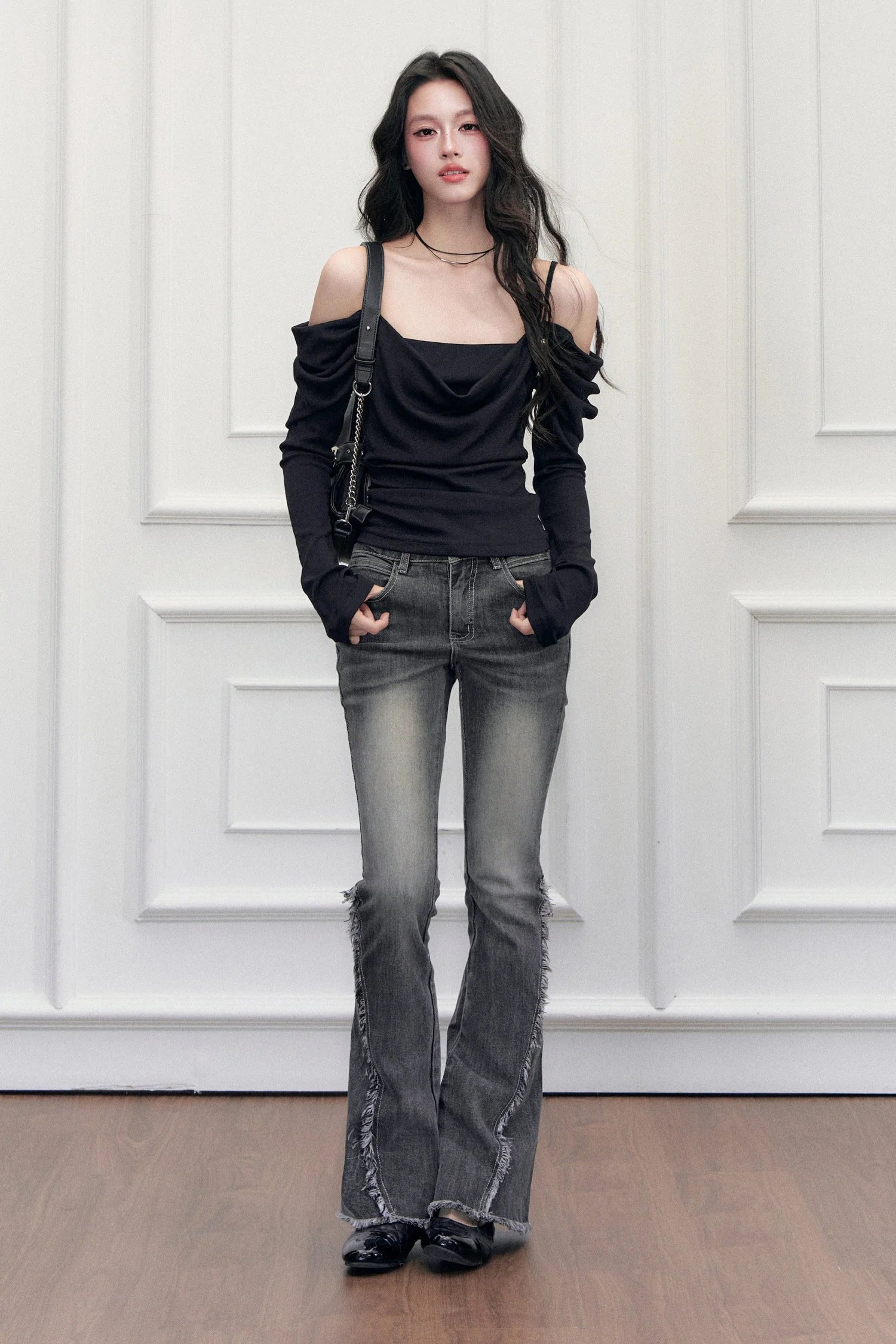 High-Waisted Washed Fringed Flared Jeans