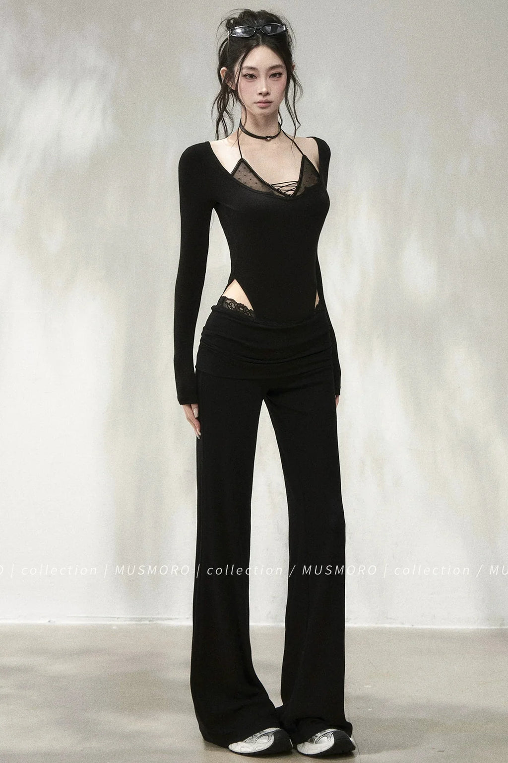 Lace Trim Folded Waistband Flared Pants