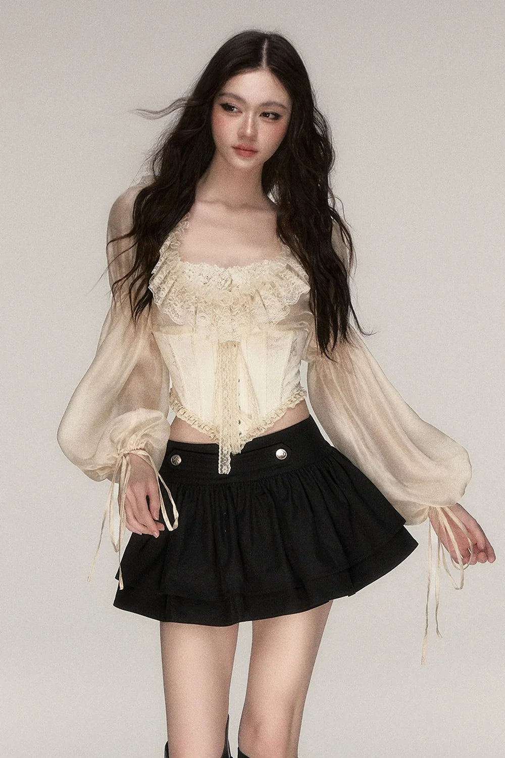 Beige Lace Jacquard Corset Lace-Up Top