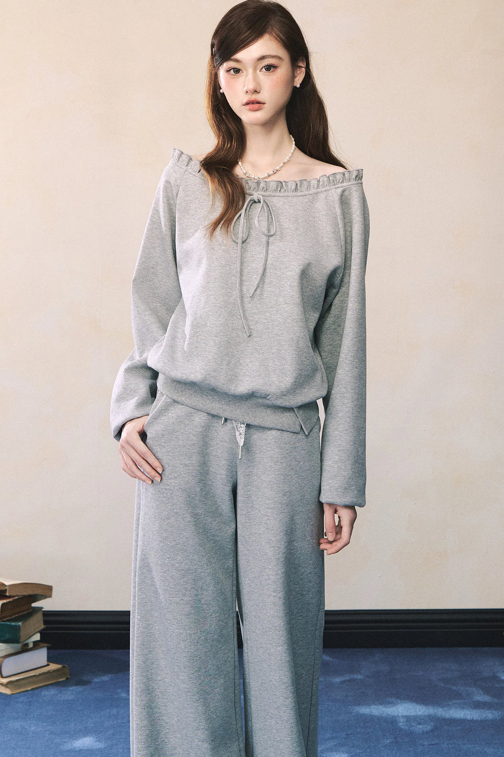 Gray Off-Shoulder Sweatshirt and Sweatpants Skirt Set-Up
