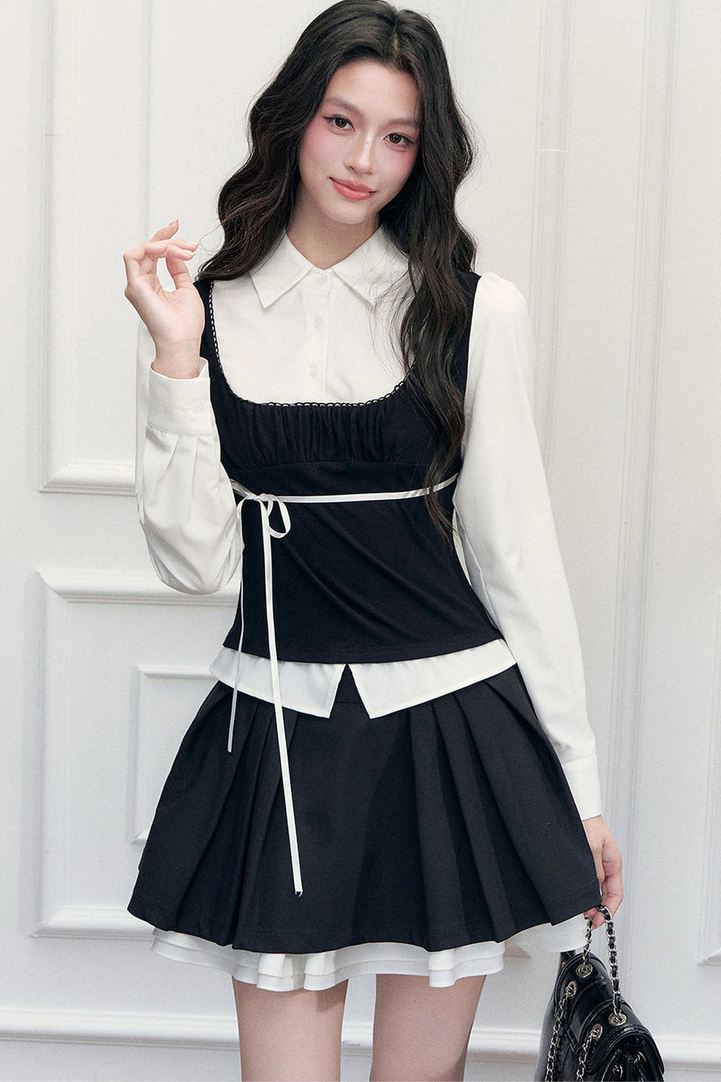 Retro Bow Layered-Look Top and Black Short Skirt Set-Up
