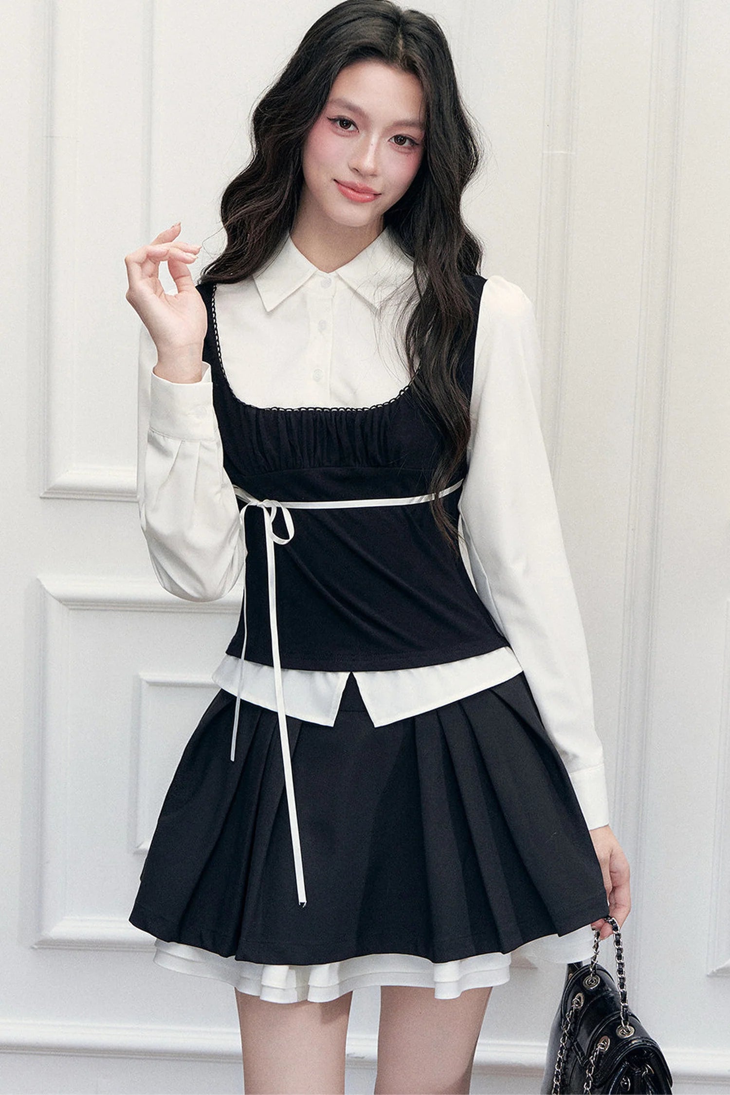 Retro Bow Layered-Look Top and Black Short Skirt Set-Up