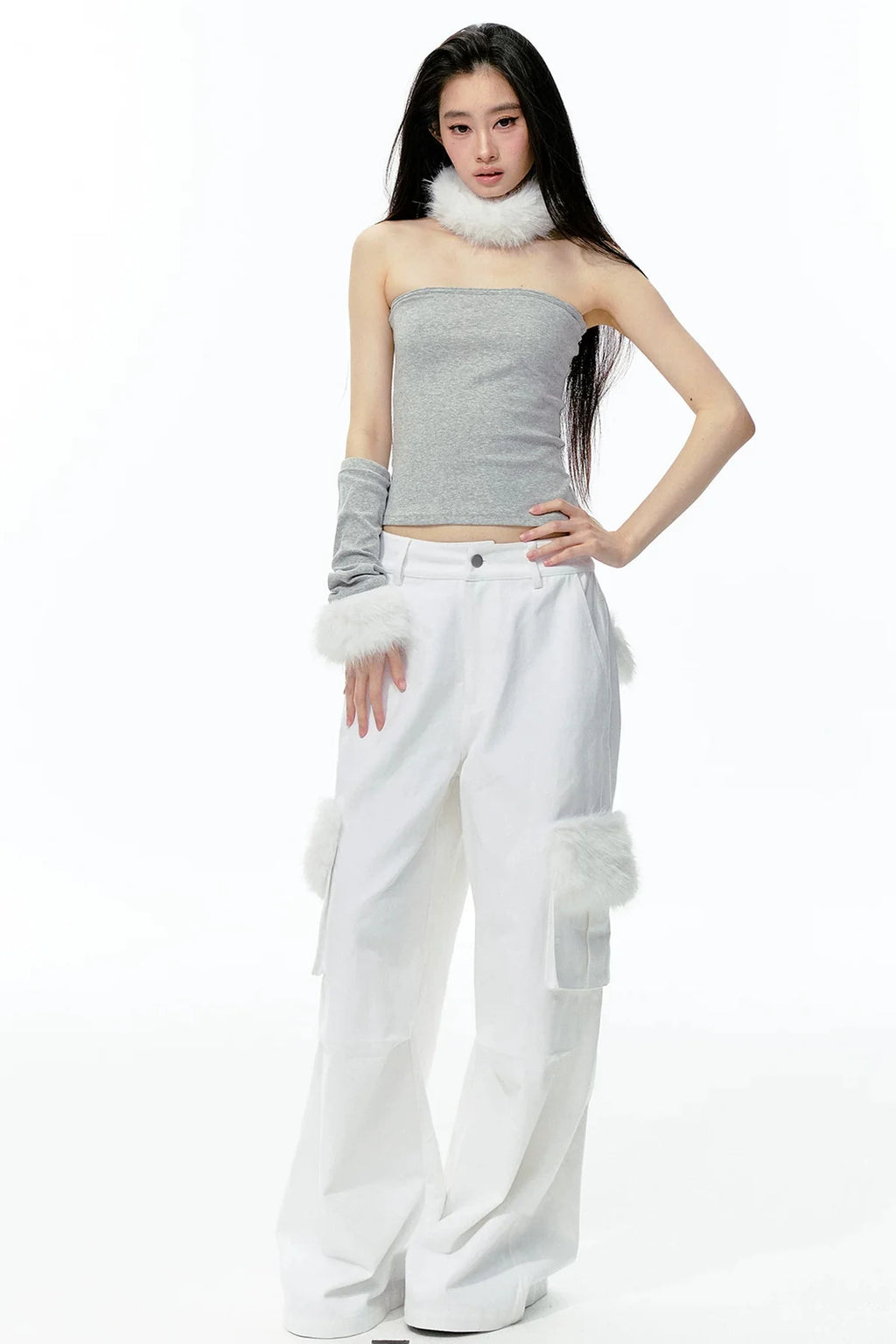 Detachable Fur Collar Knit Tube Top