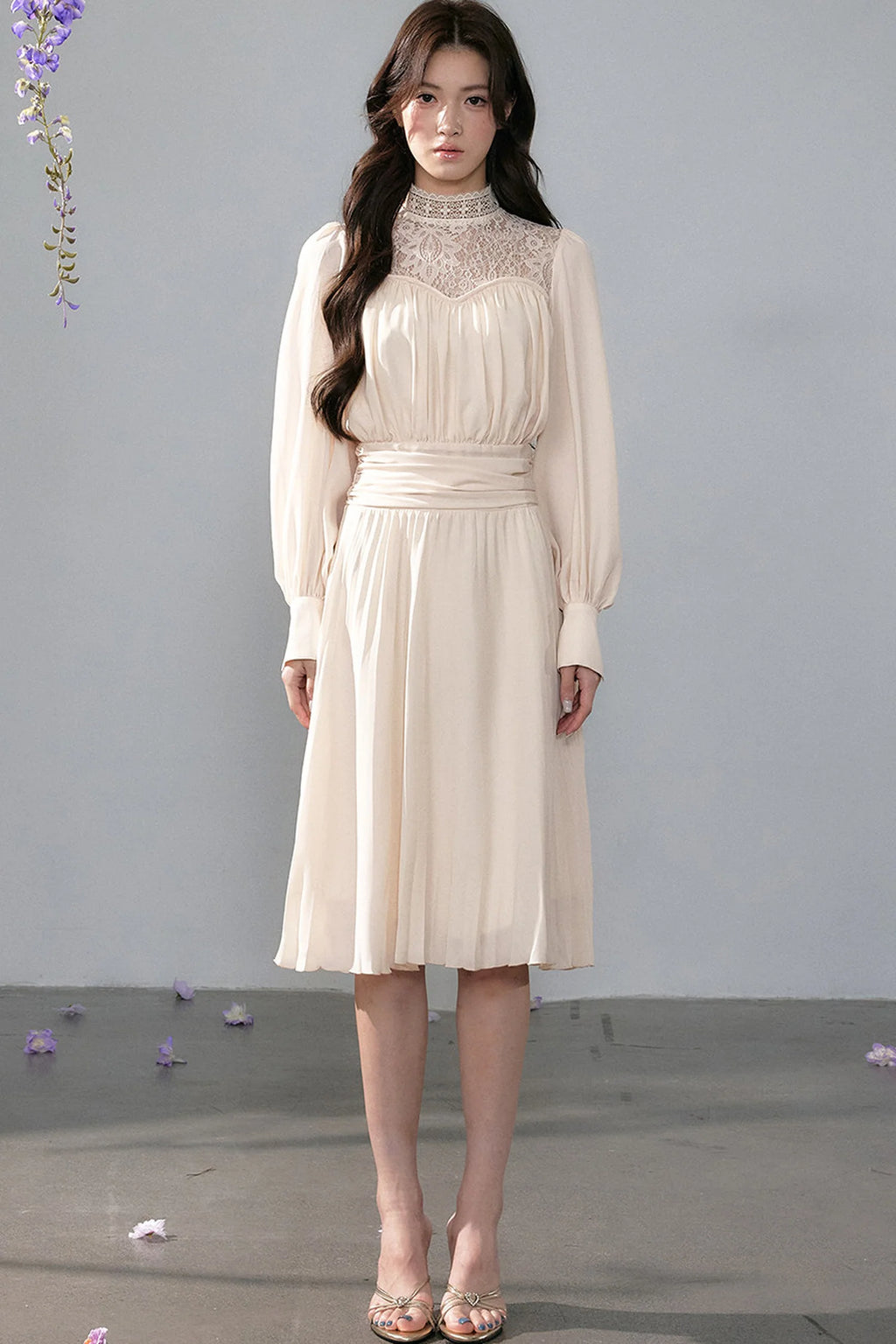Pleated Lace Mid-Length Dress