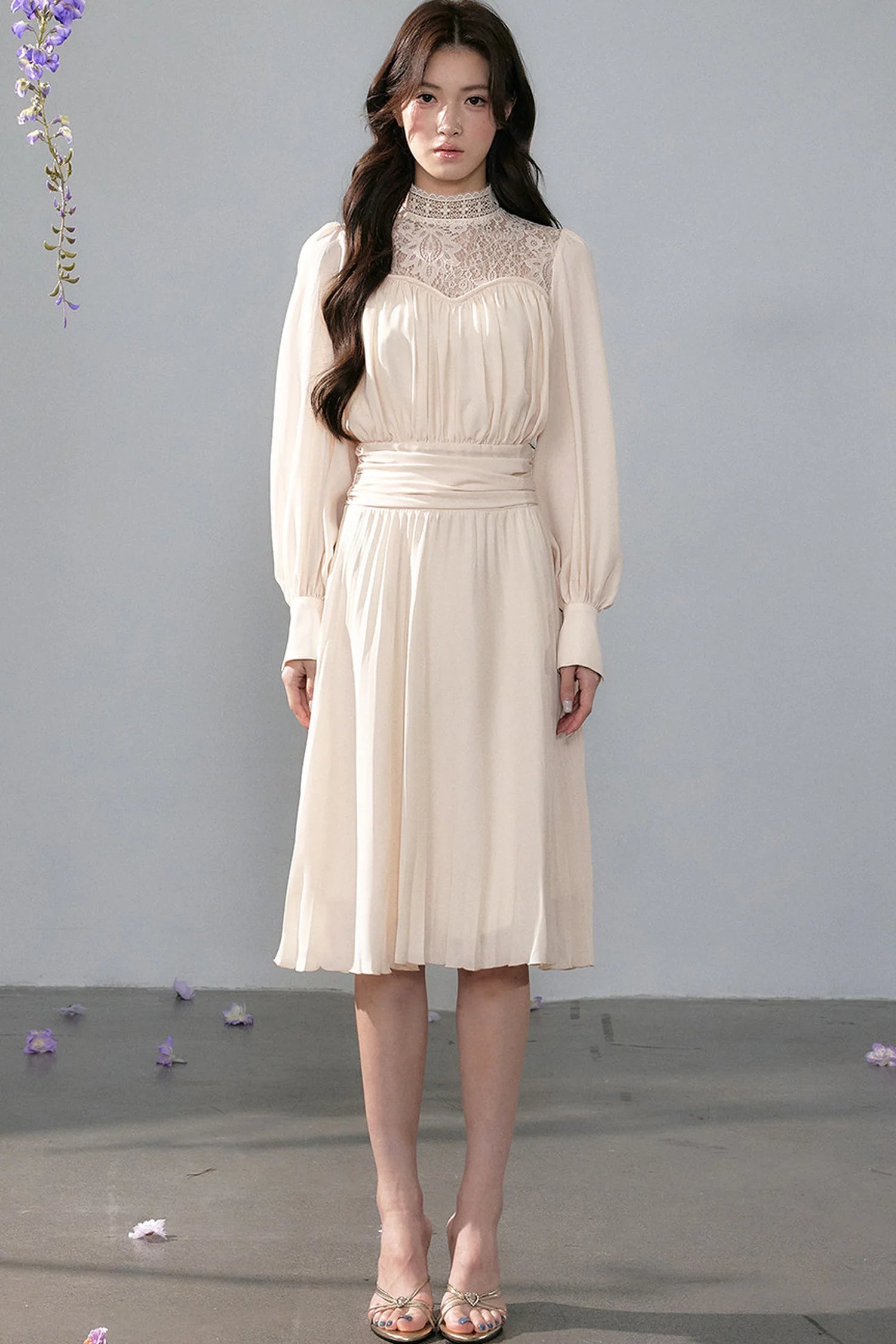 Pleated Lace Mid-Length Dress